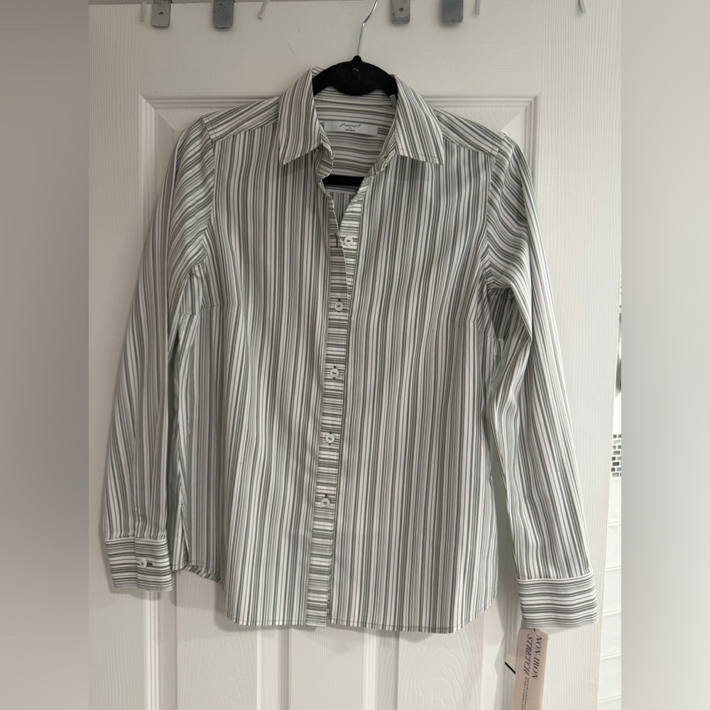 Women’s Non Iron Stretch Ava Striped Button-Down - Green / White - by Foxcroft